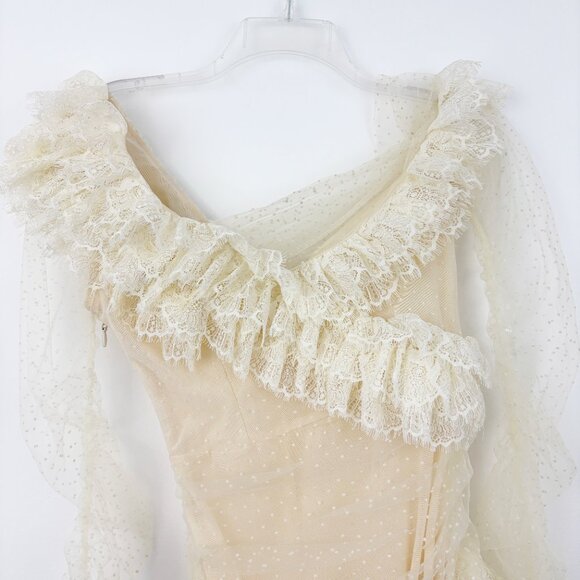 House of CB Sorrel Ivory Lace Frill Mini Dress Size M Off Shoulder Sexy Ruffles - Picture 5 of 13